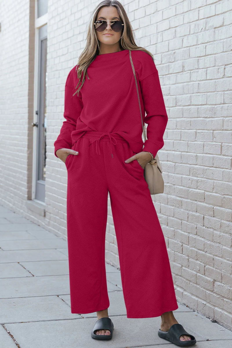 Double Take Full Size Textured Long Sleeve Top and Drawstring Pants Set - Demented Sisters