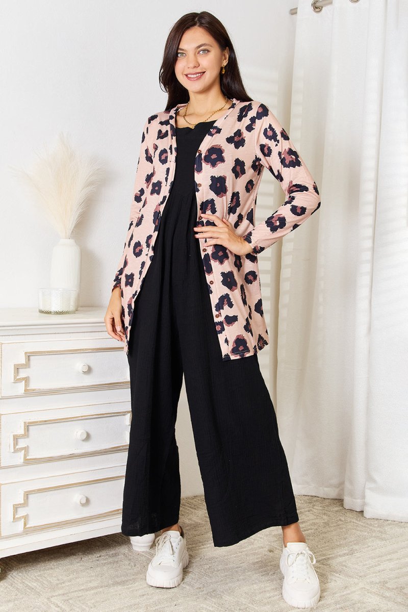 Double Take Printed Button Front Longline Cardigan - Demented Sisters