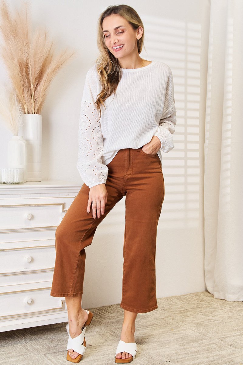 Shiny Eyelet Dropped Shoulder Round Neck Blouse - Demented Sisters