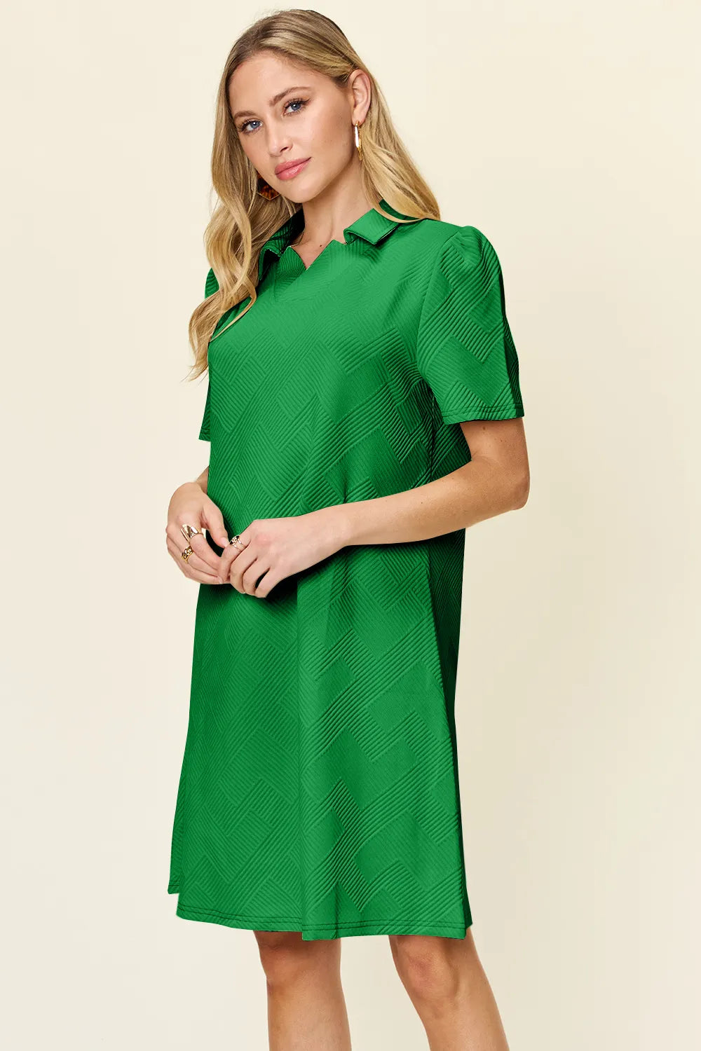 Double Take Full Size Texture Collared Neck Short Sleeve Dress - Demented Sisters