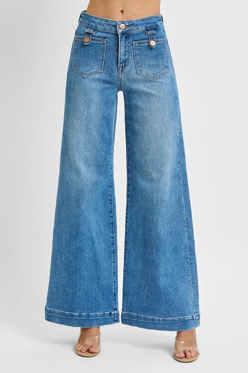 RISEN Full Size Mid Rise Wide Front Patch Pocket Jeans Plus Size - Demented Sisters
