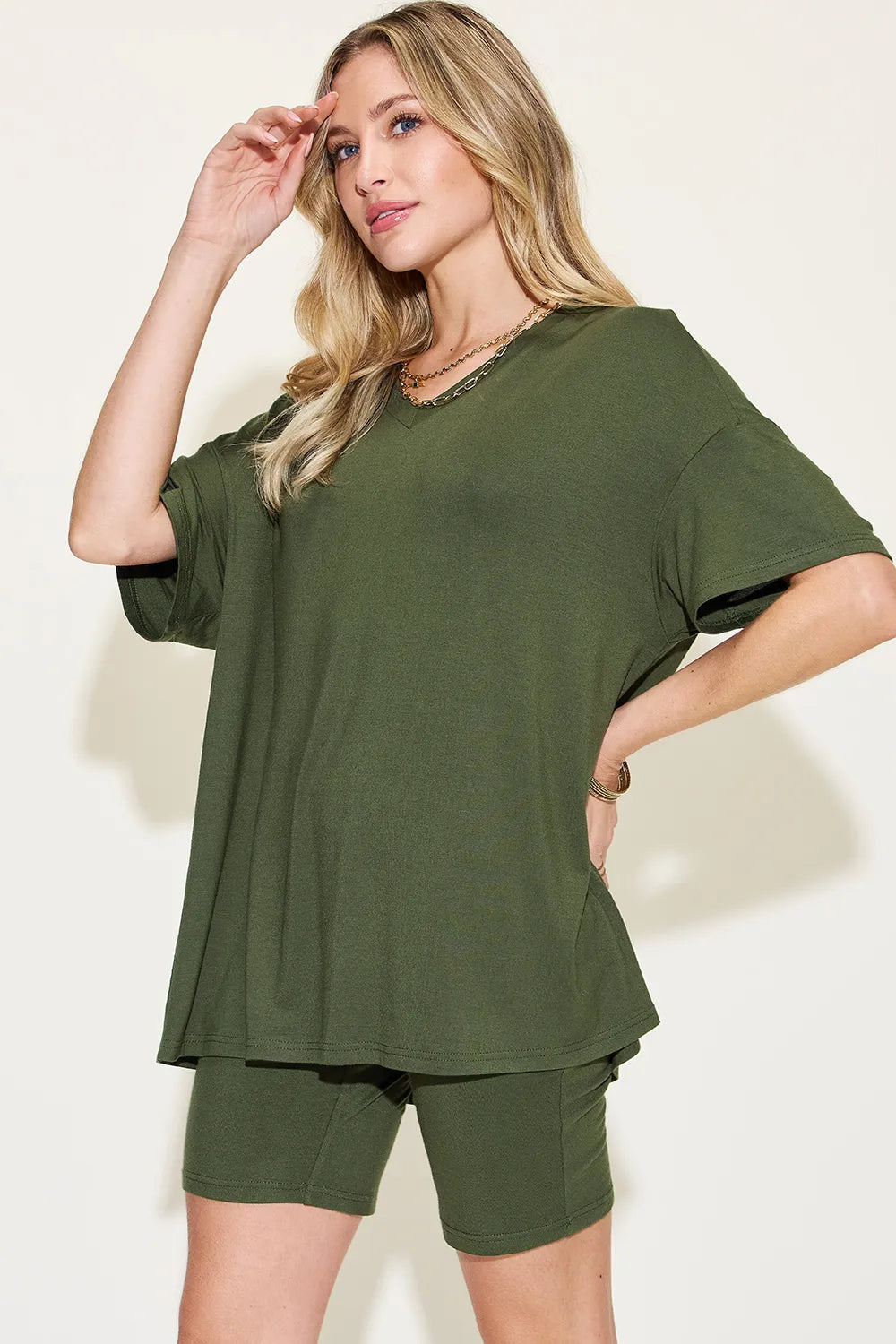Basic Bae Full Size V - Neck Drop Shoulder T-Shirt and Shorts Set - Demented Sisters