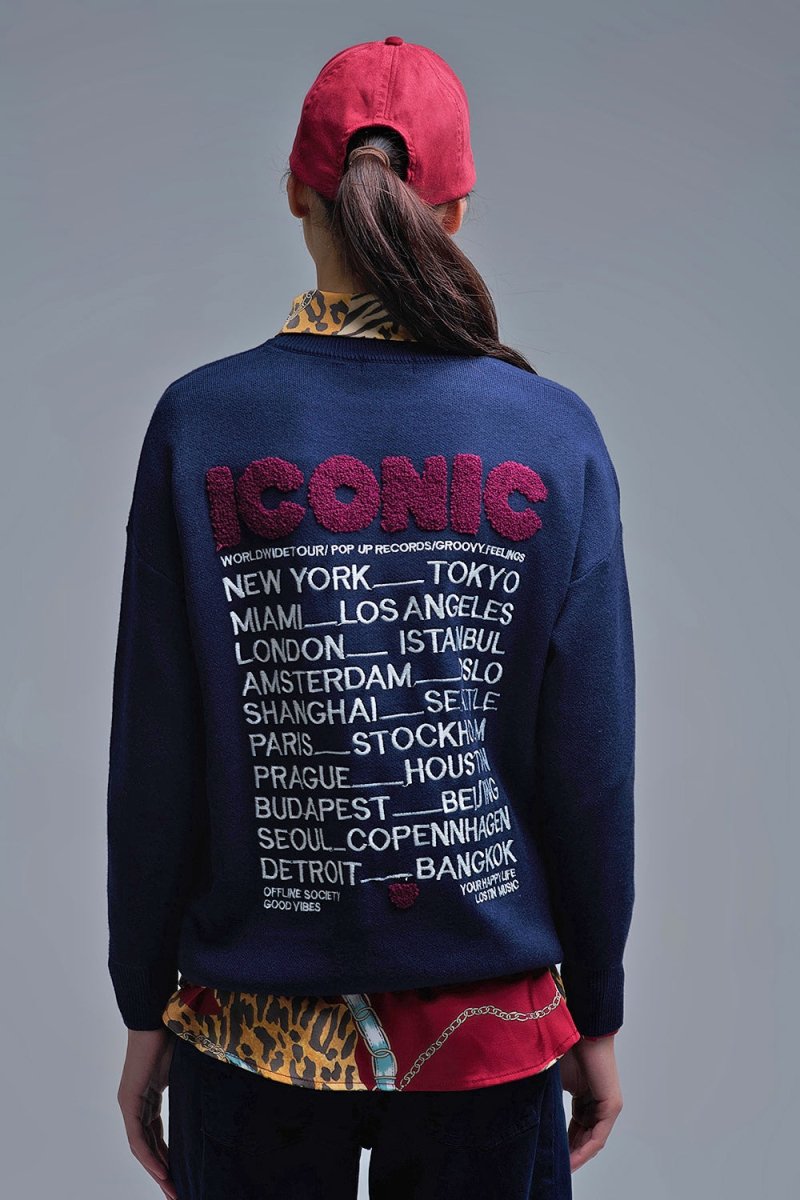 Embroidered ICONIC Sweater with Global Tour Back Print in Navy - Demented Sisters