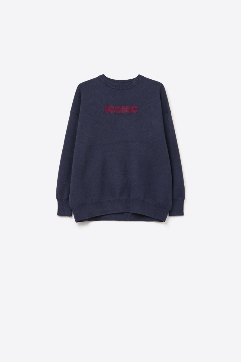 Embroidered ICONIC Sweater with Global Tour Back Print in Navy - Demented Sisters