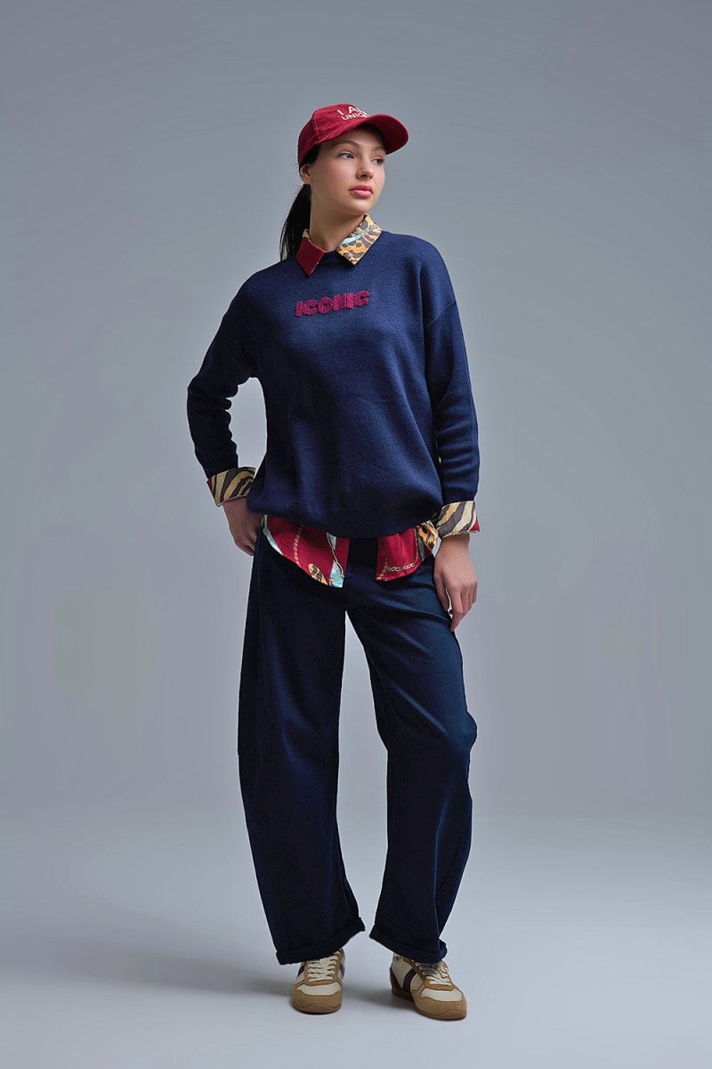 Embroidered ICONIC Sweater with Global Tour Back Print in Navy - Demented Sisters