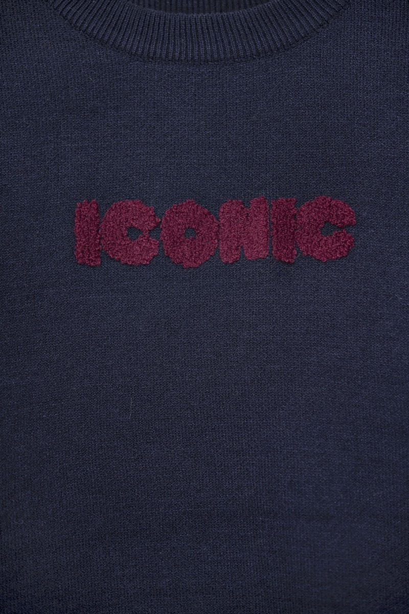 Embroidered ICONIC Sweater with Global Tour Back Print in Navy - Demented Sisters