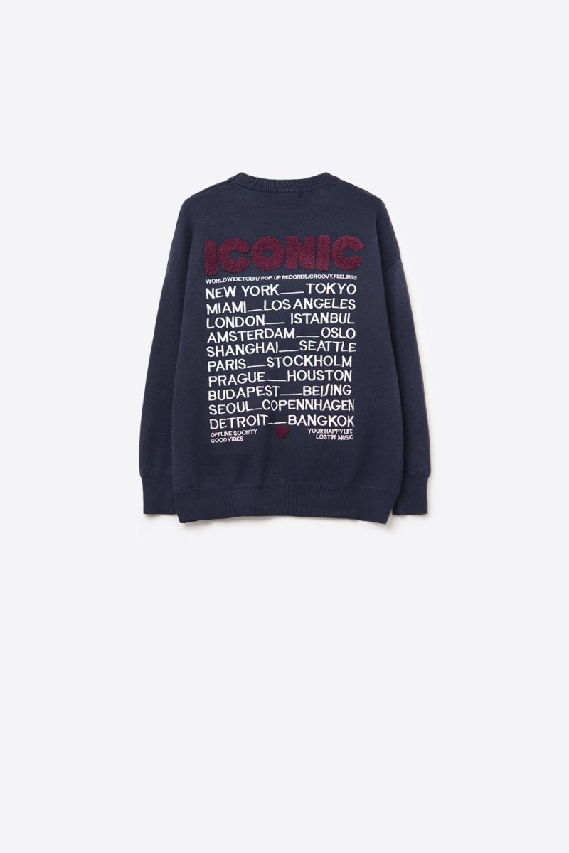 Embroidered ICONIC Sweater with Global Tour Back Print in Navy - Demented Sisters