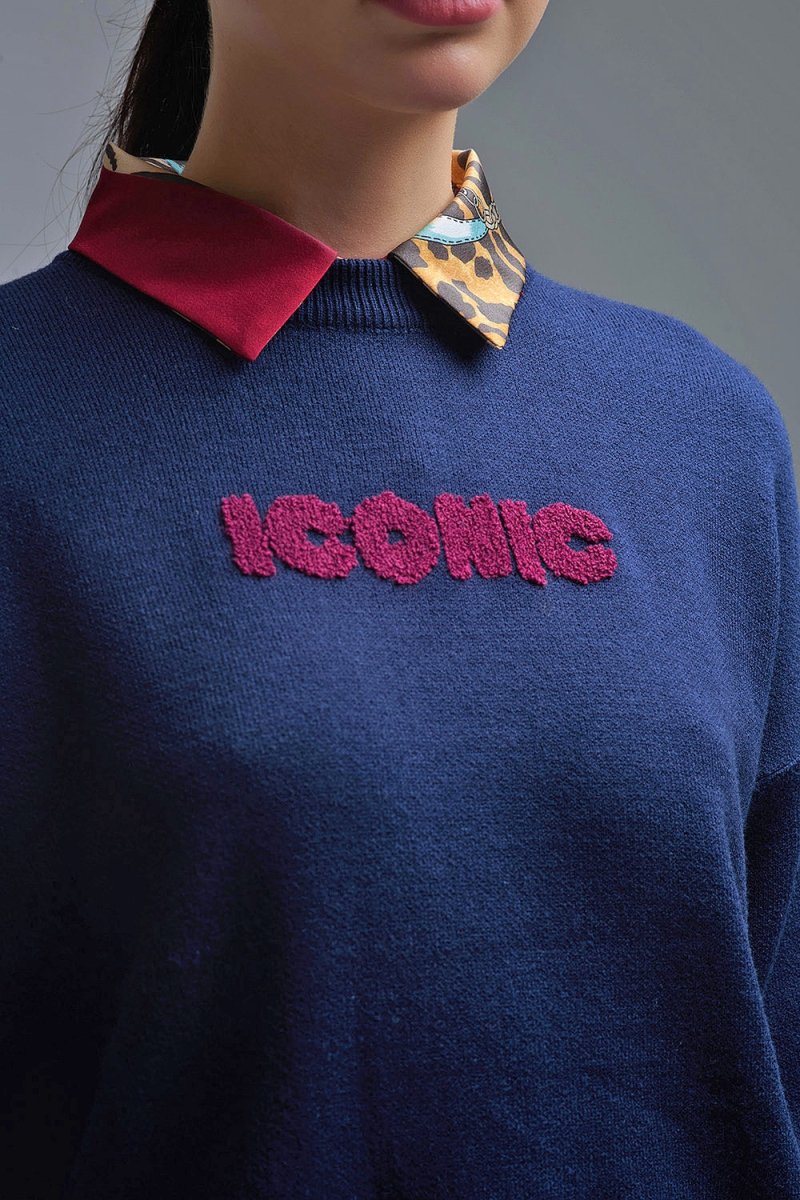 Embroidered ICONIC Sweater with Global Tour Back Print in Navy - Demented Sisters