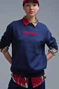 Embroidered ICONIC Sweater with Global Tour Back Print in Navy - Demented Sisters