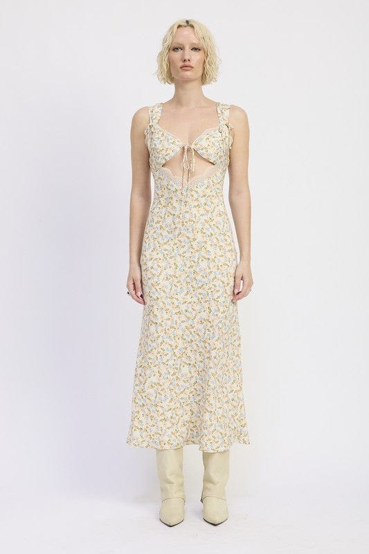 DITSY PRINT MIDI DRESS WITH CUTOUT AND LACE TRIM - Demented Sisters