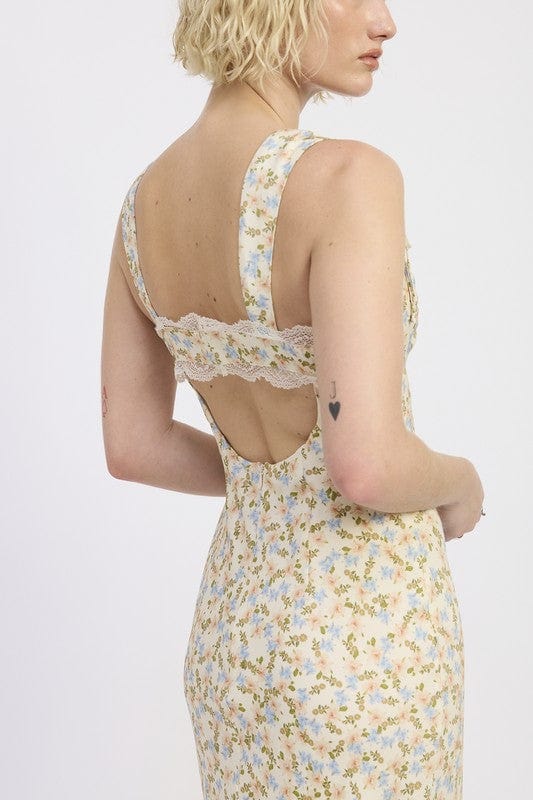 DITSY PRINT MIDI DRESS WITH CUTOUT AND LACE TRIM - Demented Sisters