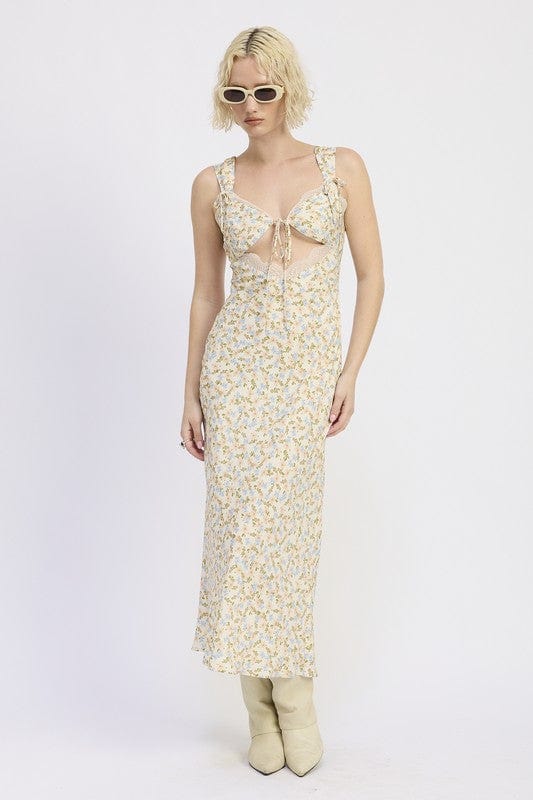 DITSY PRINT MIDI DRESS WITH CUTOUT AND LACE TRIM - Demented Sisters