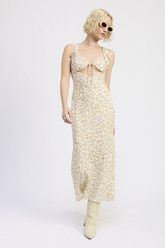 DITSY PRINT MIDI DRESS WITH CUTOUT AND LACE TRIM - Demented Sisters