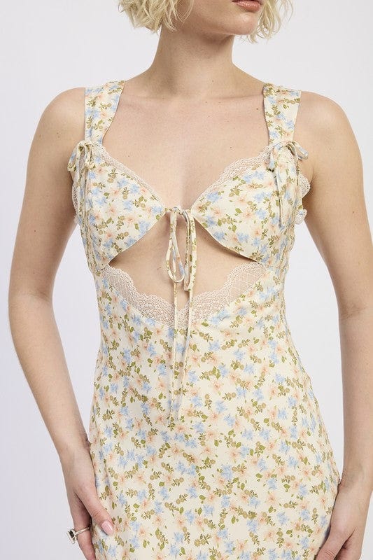 DITSY PRINT MIDI DRESS WITH CUTOUT AND LACE TRIM - Demented Sisters