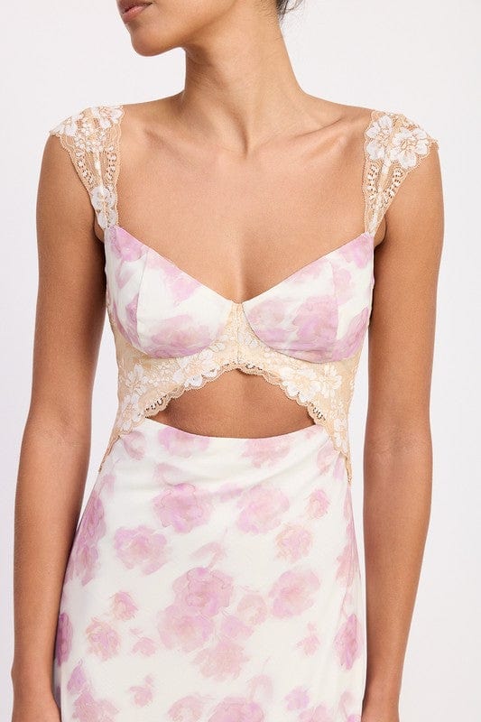 FLORAL MESH LACE TRIM MAXI DRESS WITH BUST CUTOUT - Demented Sisters