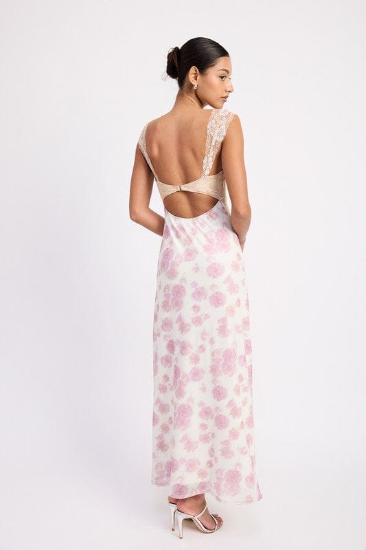 FLORAL MESH LACE TRIM MAXI DRESS WITH BUST CUTOUT - Demented Sisters