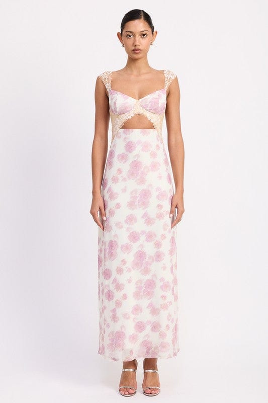 FLORAL MESH LACE TRIM MAXI DRESS WITH BUST CUTOUT - Demented Sisters