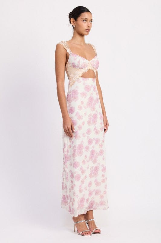 FLORAL MESH LACE TRIM MAXI DRESS WITH BUST CUTOUT - Demented Sisters