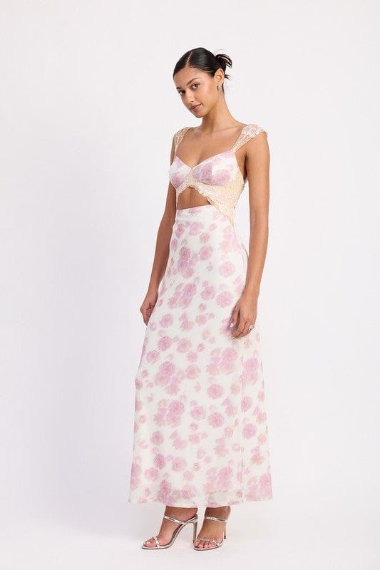 FLORAL MESH LACE TRIM MAXI DRESS WITH BUST CUTOUT - Demented Sisters