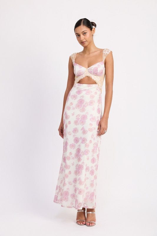 FLORAL MESH LACE TRIM MAXI DRESS WITH BUST CUTOUT - Demented Sisters
