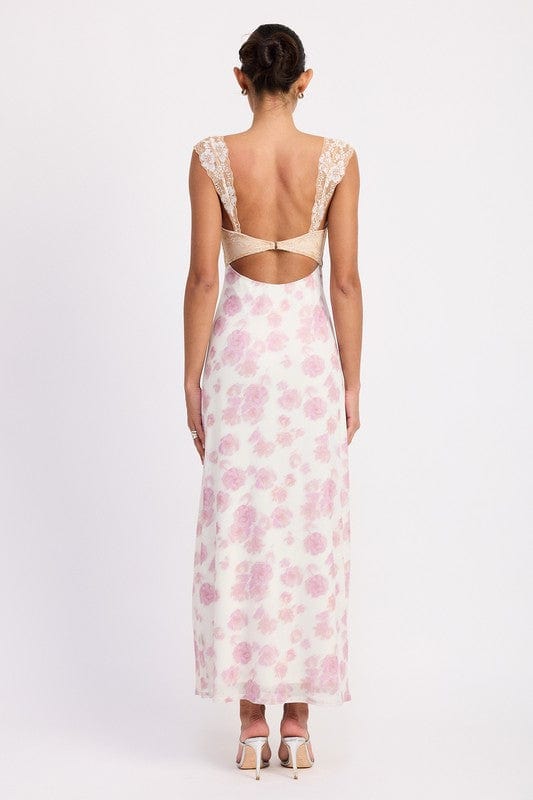 FLORAL MESH LACE TRIM MAXI DRESS WITH BUST CUTOUT - Demented Sisters