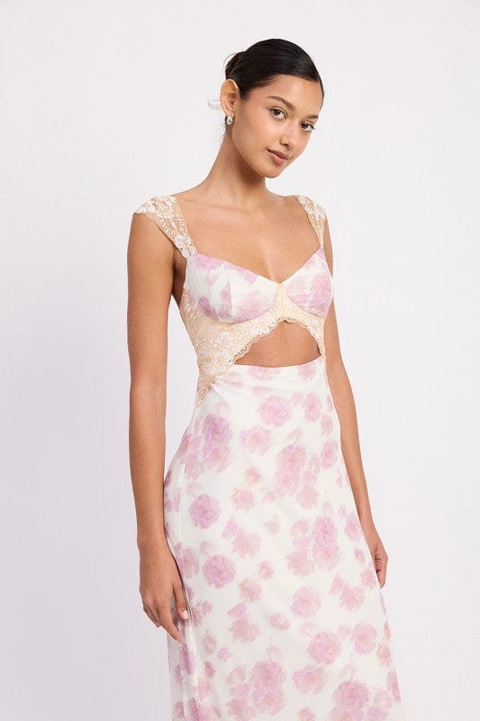 FLORAL MESH LACE TRIM MAXI DRESS WITH BUST CUTOUT - Demented Sisters