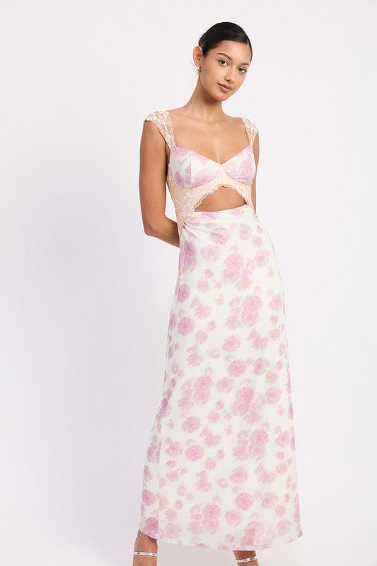 FLORAL MESH LACE TRIM MAXI DRESS WITH BUST CUTOUT - Demented Sisters