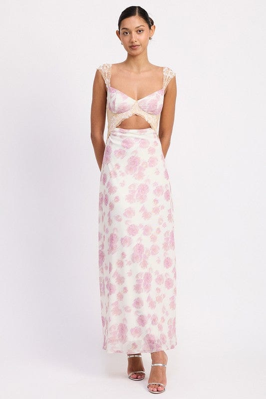 FLORAL MESH LACE TRIM MAXI DRESS WITH BUST CUTOUT - Demented Sisters