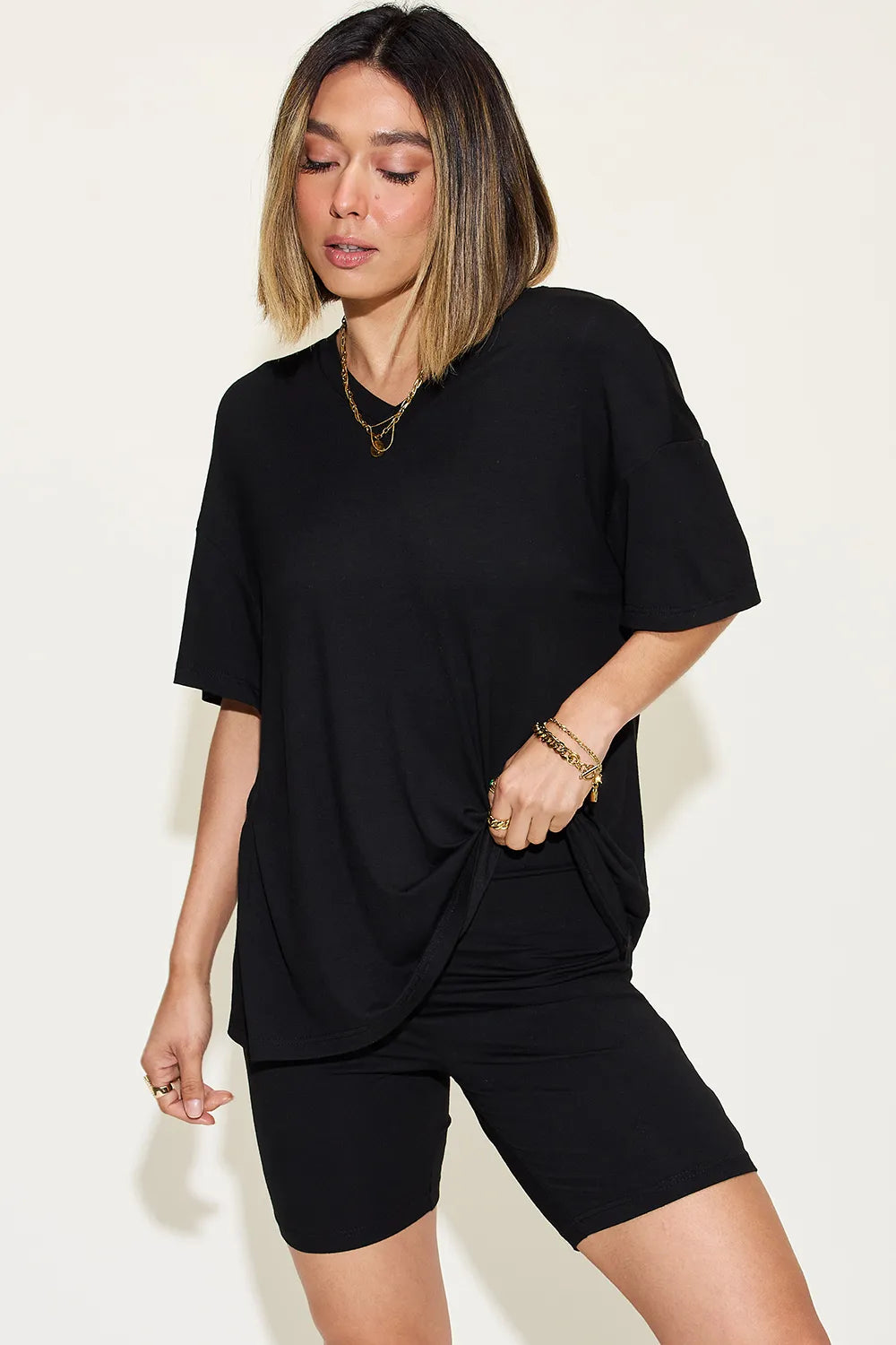 Basic Bae Full Size V - Neck Drop Shoulder T-Shirt and Shorts Set - Demented Sisters