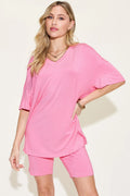 Basic Bae Full Size V - Neck Drop Shoulder T-Shirt and Shorts Set - Demented Sisters