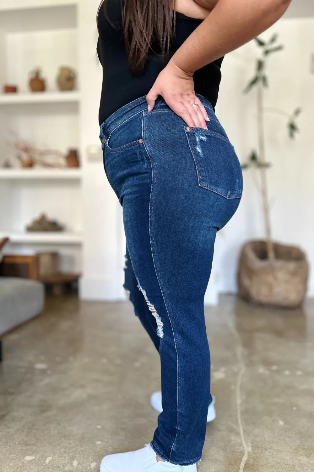 Judy Blue Full Size High Waist Rigid Magic Heavy Destroy Straight Jeans - Demented Sisters
