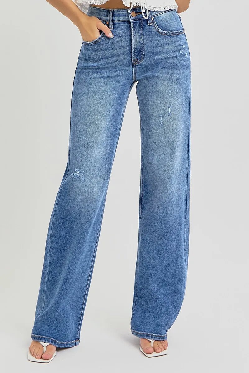 RISEN Full Size Tummy Control Elastic Band High Rise Wide Jeans Plus Size - Demented Sisters