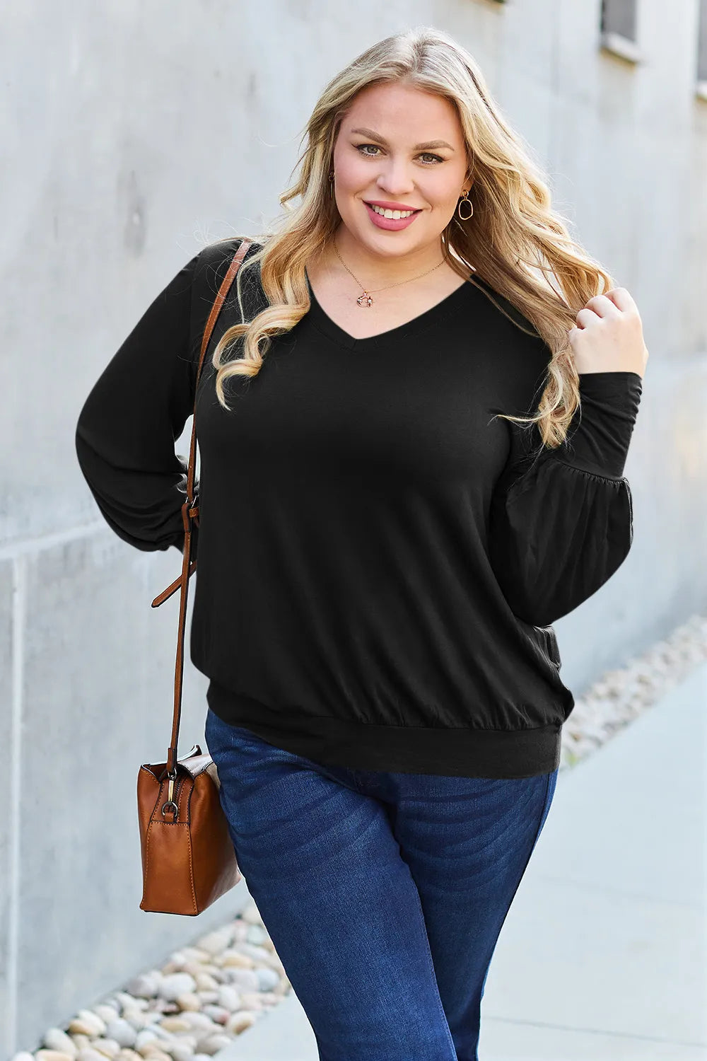 Basic Bae Full Size V - Neck Lantern Sleeve Top - Demented Sisters
