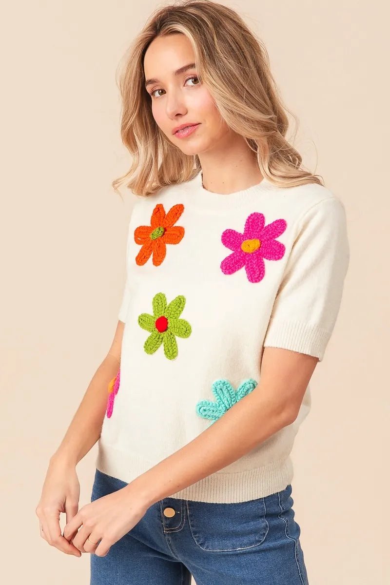 BiBi Crochet Flower Patch Sweater Top - Demented Sisters