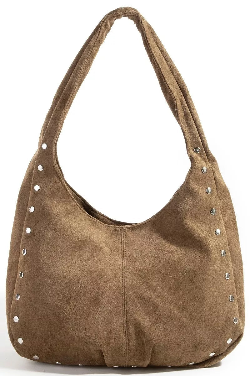 Fame Faux Suede Studded Trim Hobo Bag - Demented Sisters