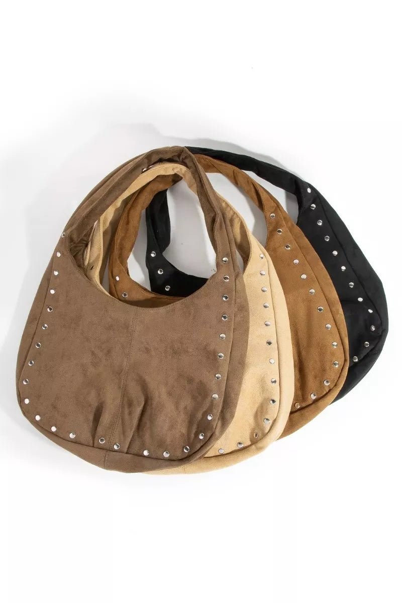 Fame Faux Suede Studded Trim Hobo Bag - Demented Sisters