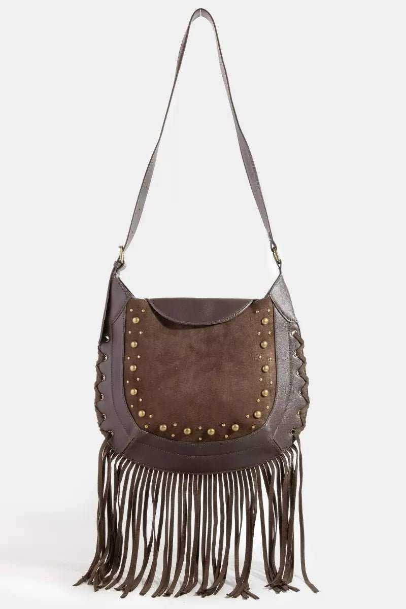 Fame Rivet Trim Suede Fringe Shoulder Bag - Demented Sisters