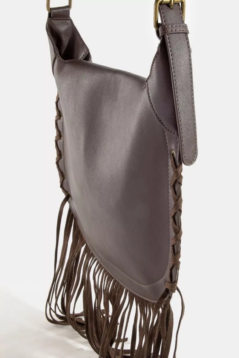 Fame Rivet Trim Suede Fringe Shoulder Bag - Demented Sisters