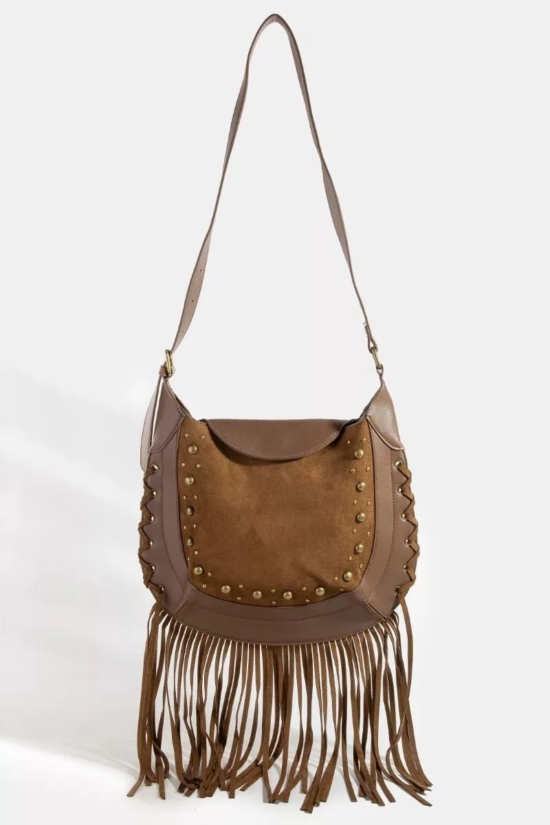 Fame Rivet Trim Suede Fringe Shoulder Bag - Demented Sisters