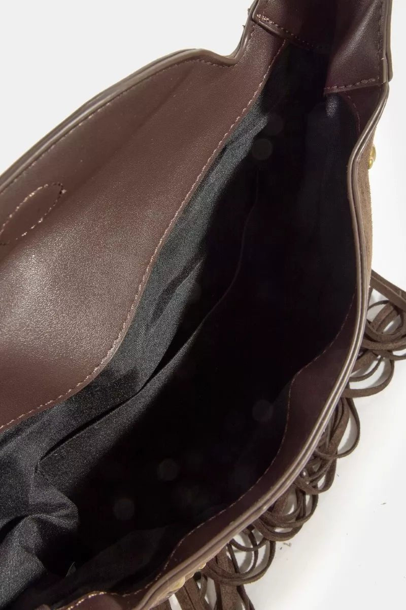 Fame Rivet Trim Suede Fringe Shoulder Bag - Demented Sisters