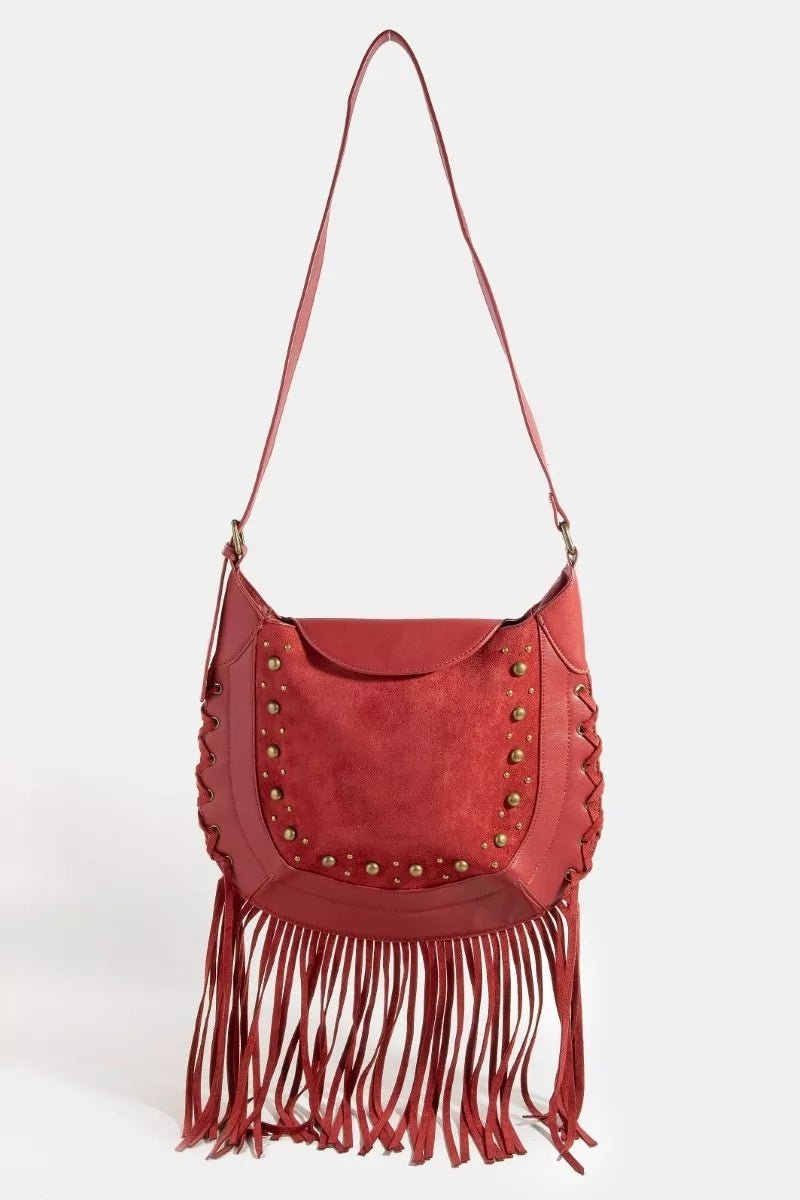 Fame Rivet Trim Suede Fringe Shoulder Bag - Demented Sisters