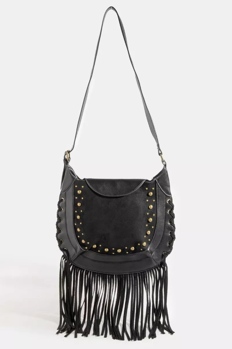 Fame Rivet Trim Suede Fringe Shoulder Bag - Demented Sisters