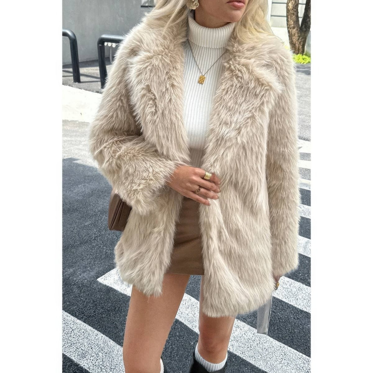 Faux Fur Fuzzy Fleece Lapel Open Front Coat - Demented Sisters