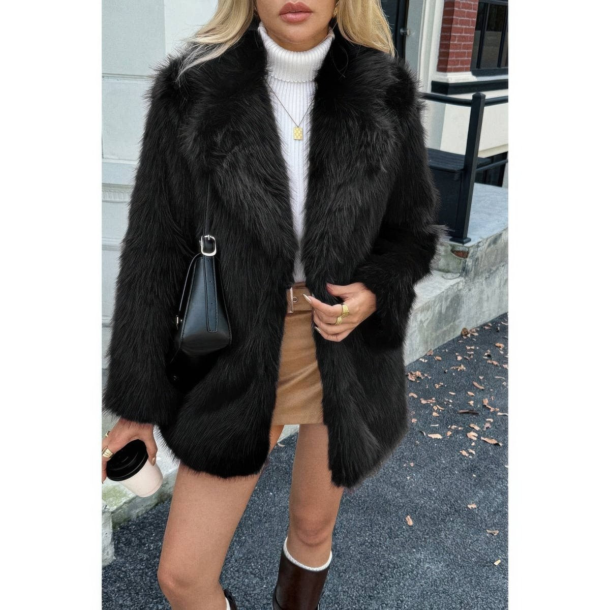 Faux Fur Fuzzy Fleece Lapel Open Front Coat - Demented Sisters