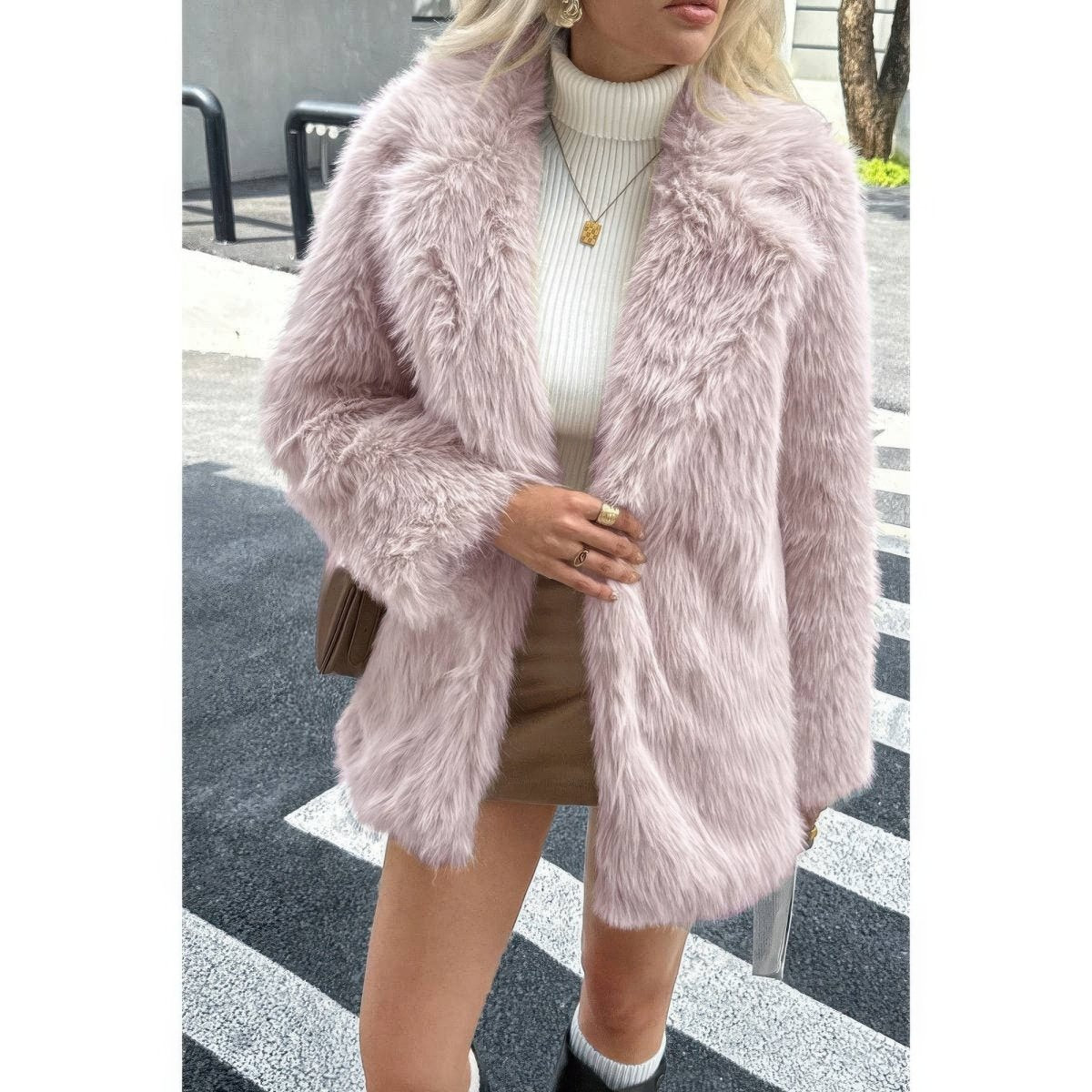 Faux Fur Fuzzy Fleece Lapel Open Front Coat - Demented Sisters