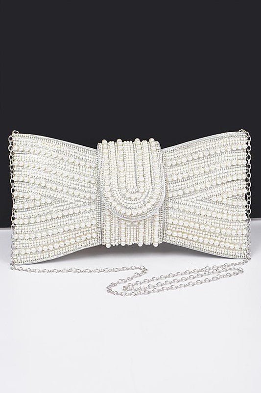 Faux Pearl Studded Bow Tie Clutch Bag - Demented Sisters