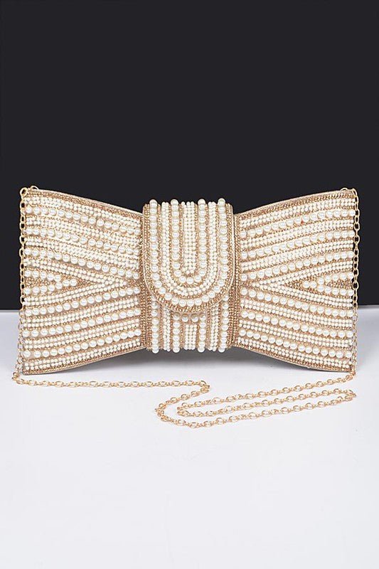 Faux Pearl Studded Bow Tie Clutch Bag - Demented Sisters