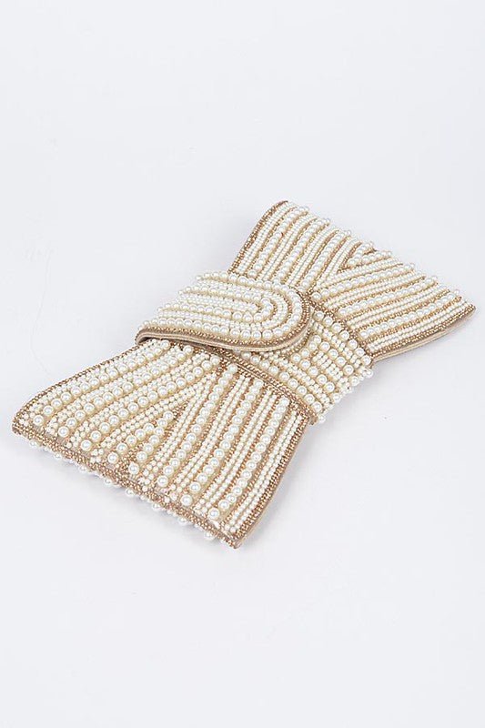 Faux Pearl Studded Bow Tie Clutch Bag - Demented Sisters