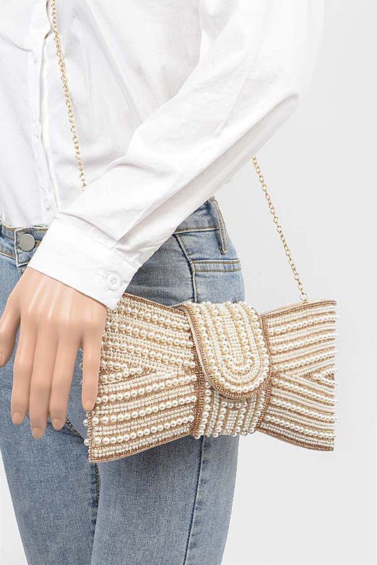 Faux Pearl Studded Bow Tie Clutch Bag - Demented Sisters