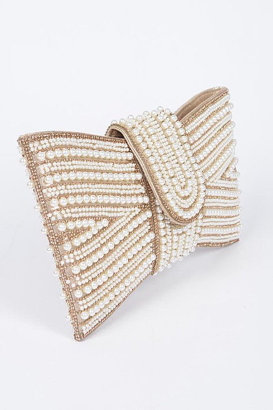 Faux Pearl Studded Bow Tie Clutch Bag - Demented Sisters